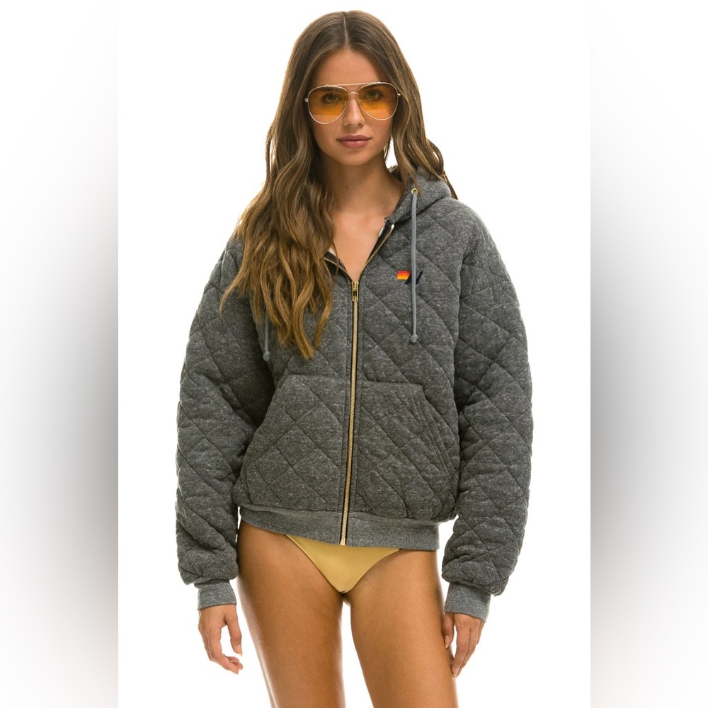 NWT AVIATOR NATION QUILTED ZIP HOODIE RELAXED - HEATHER GREY SIZE MEDIUM